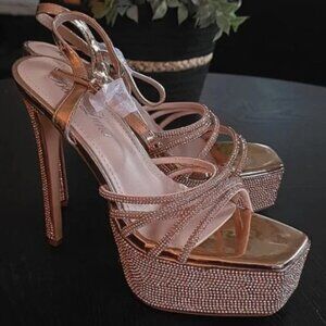 Rhinestone accents/Ankle Strap Square-Toe High Heels